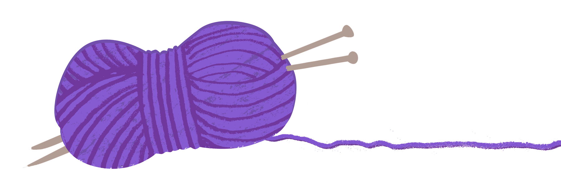 Illustration of a purple ball of wool unravelling and with knitting needles through it.