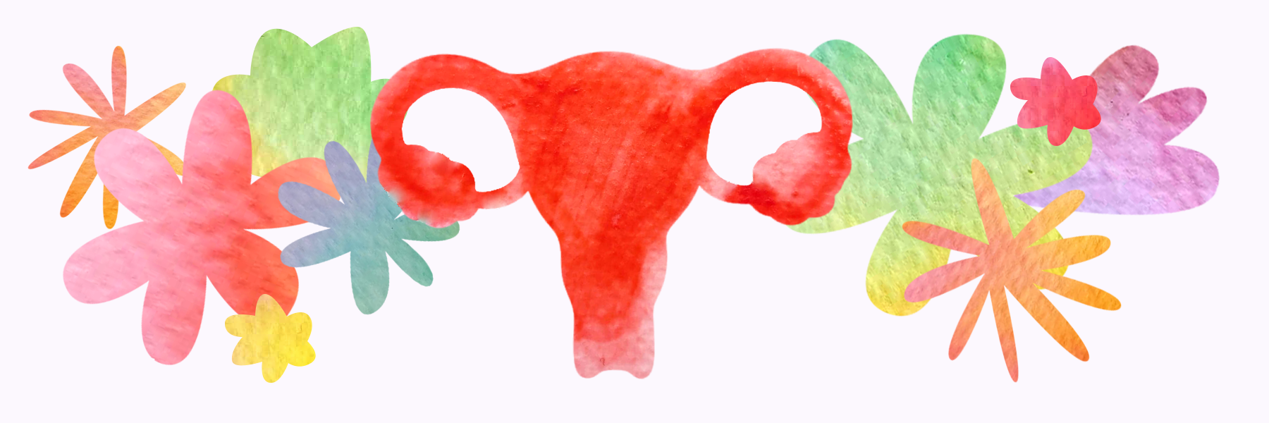 A red silhouette of a uterus surrounded by graphic flowers of different colours.