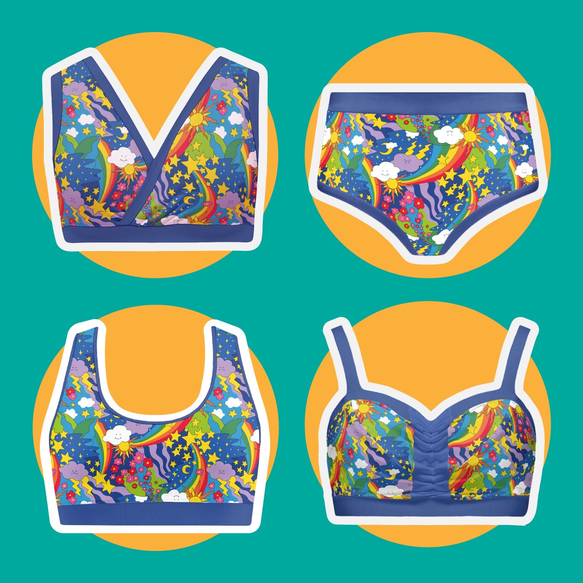 Swirl of Retro Rainbows fabric which is colourful and has rainbows, clouds, stars, flowers, lightning bolts, suns and moons on it. 