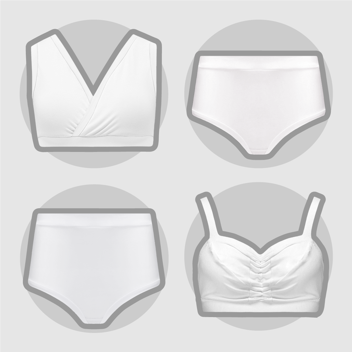 Scattered white illustrated bras and briefs on a blue background.