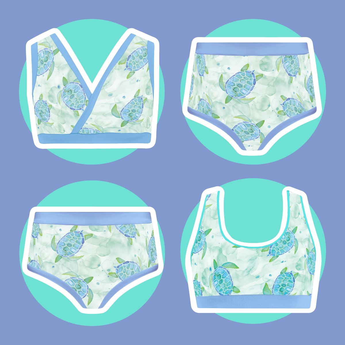 Four illustrations of Turtles bra, briefs and bralette