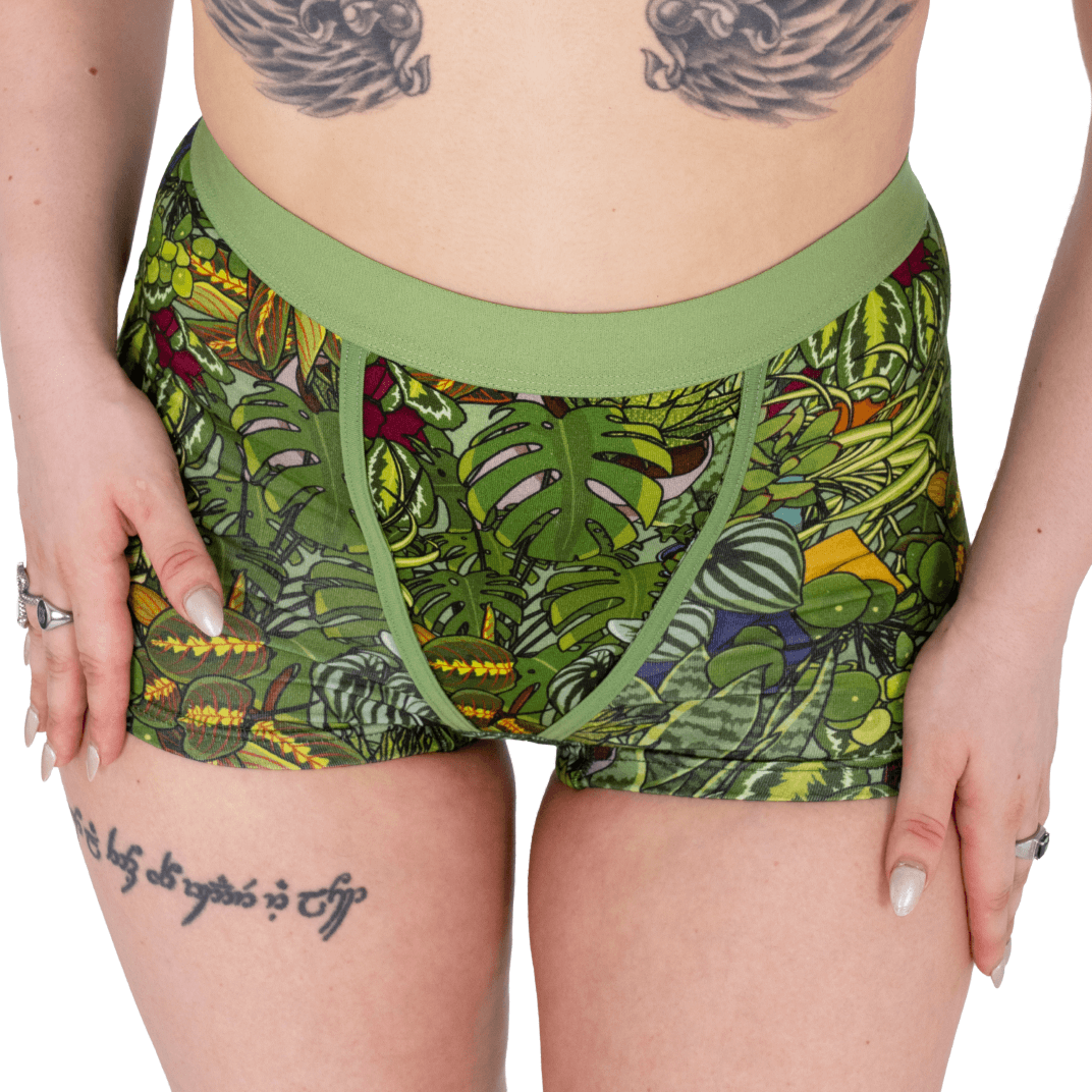 Close up of Ola wearing Botany boxer briefs