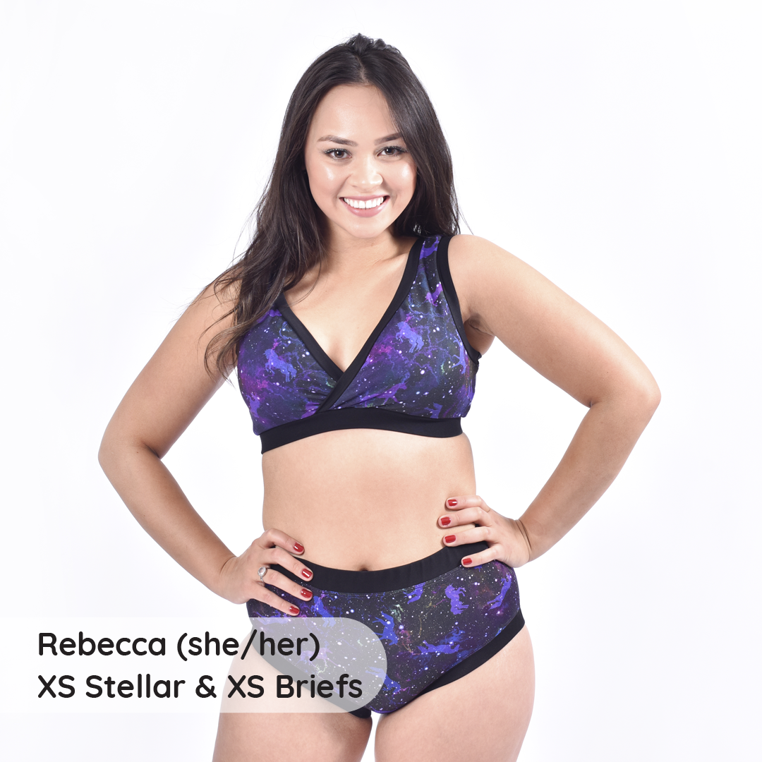 Rebecca is wearing a Universe non wired bra and high rise briefs