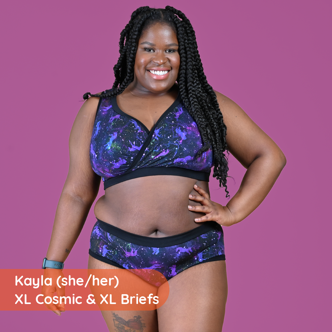 Kayla is wearing a purple and black underwear set 