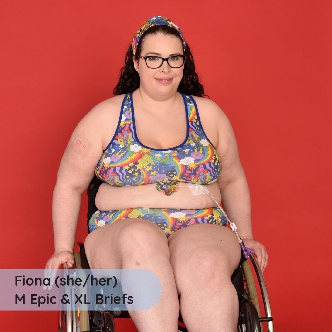 Fiona is wearing a Retro rainbows racerback bralette and briefs
