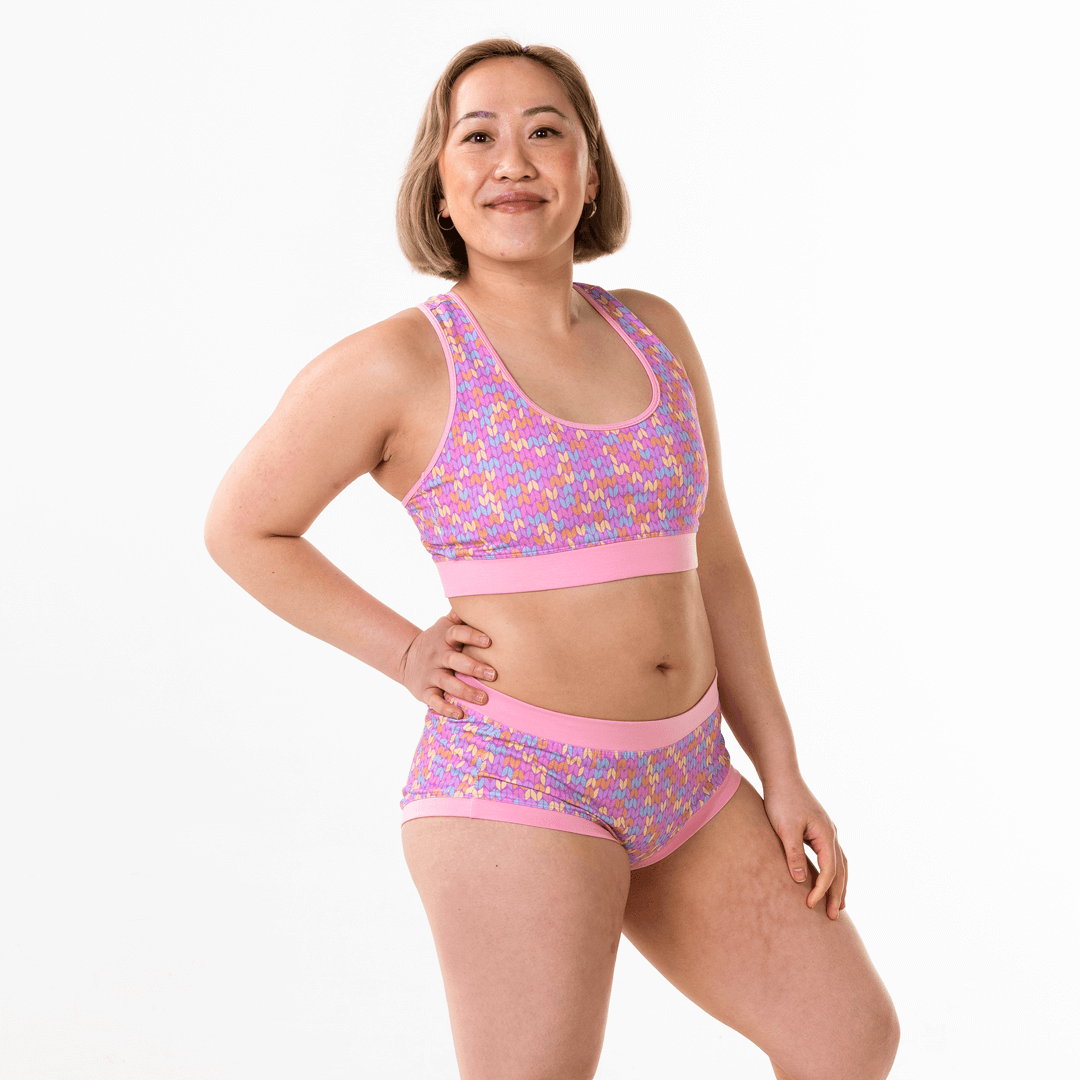 Jacqueline is wearing a Candy Knit bralette and briefs