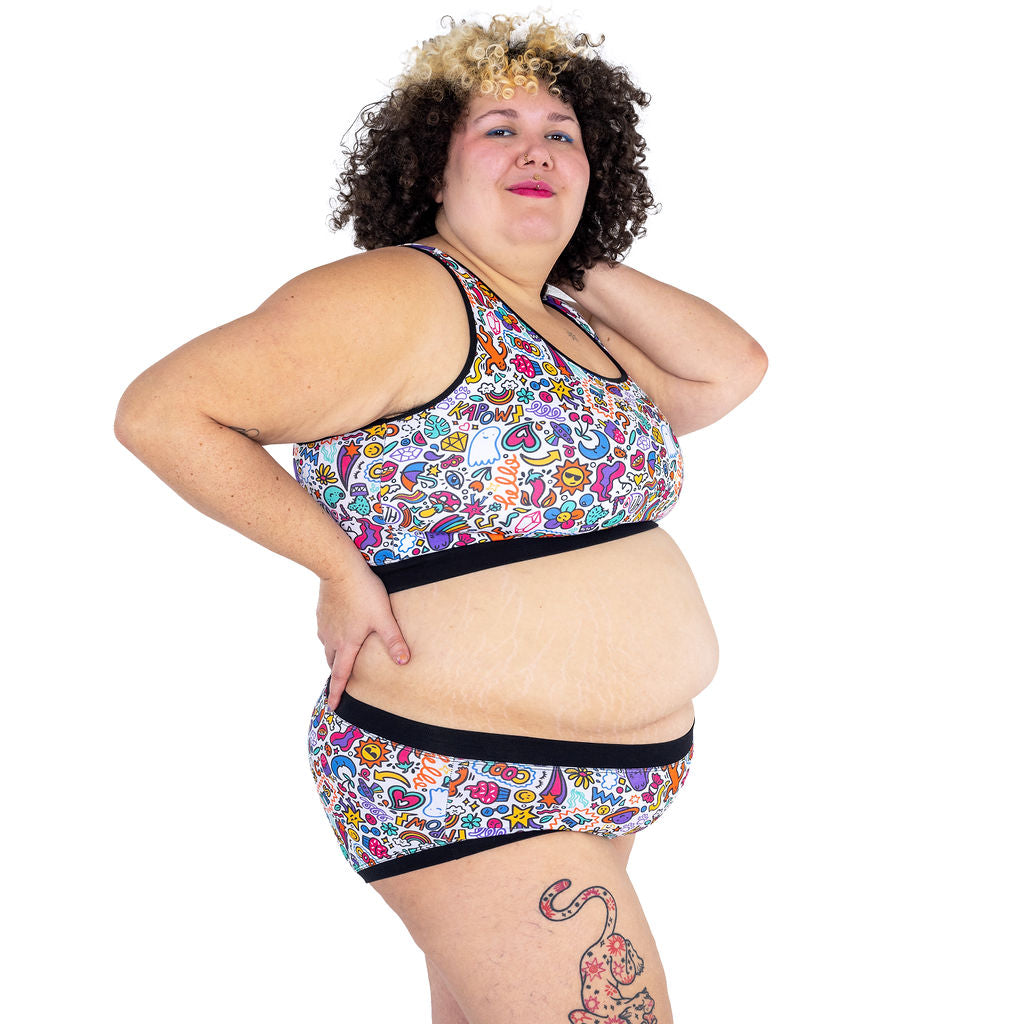 Sofaya is wearing a Doodles bralette and briefs