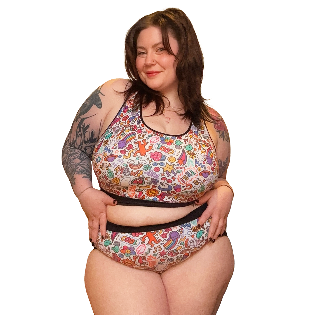 Molly is wearing a Doodles bralette and high rise briefs