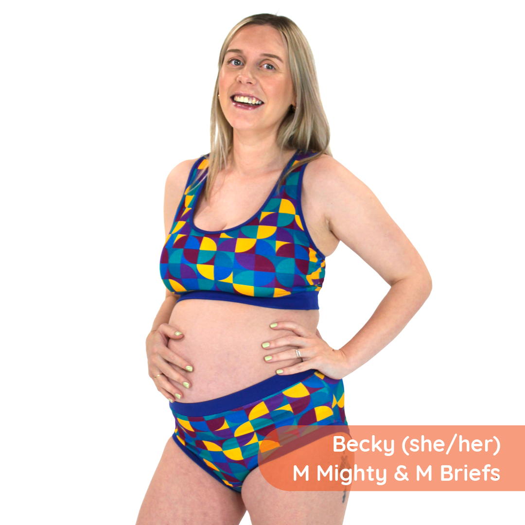 Lynsey is pregnant wearing a cotton racerback bralette and briefs