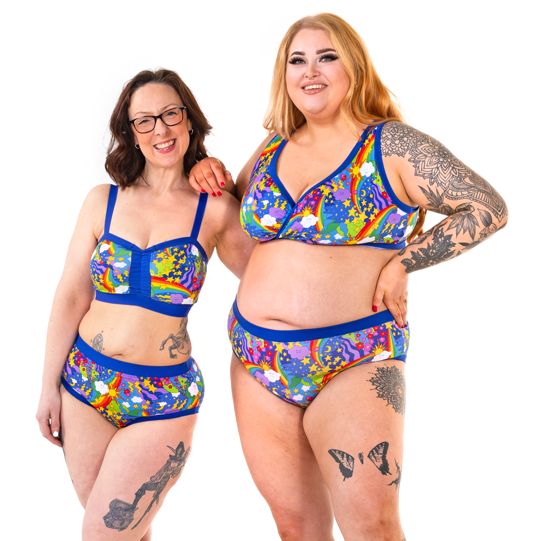 Kat and Bex wearing high rise retro rainbow briefs and bras