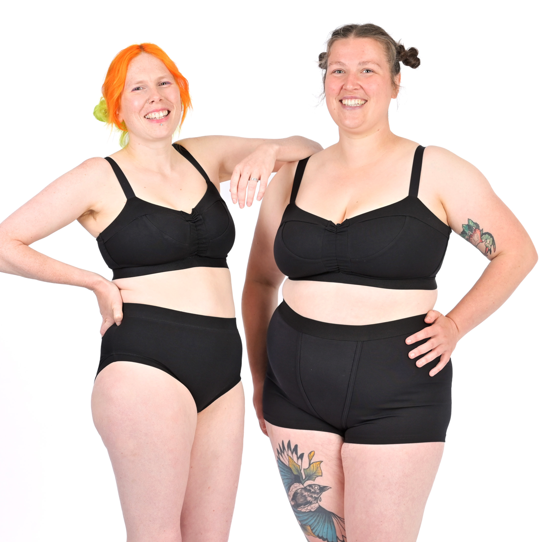 Jen and Katy in black bra and briefs