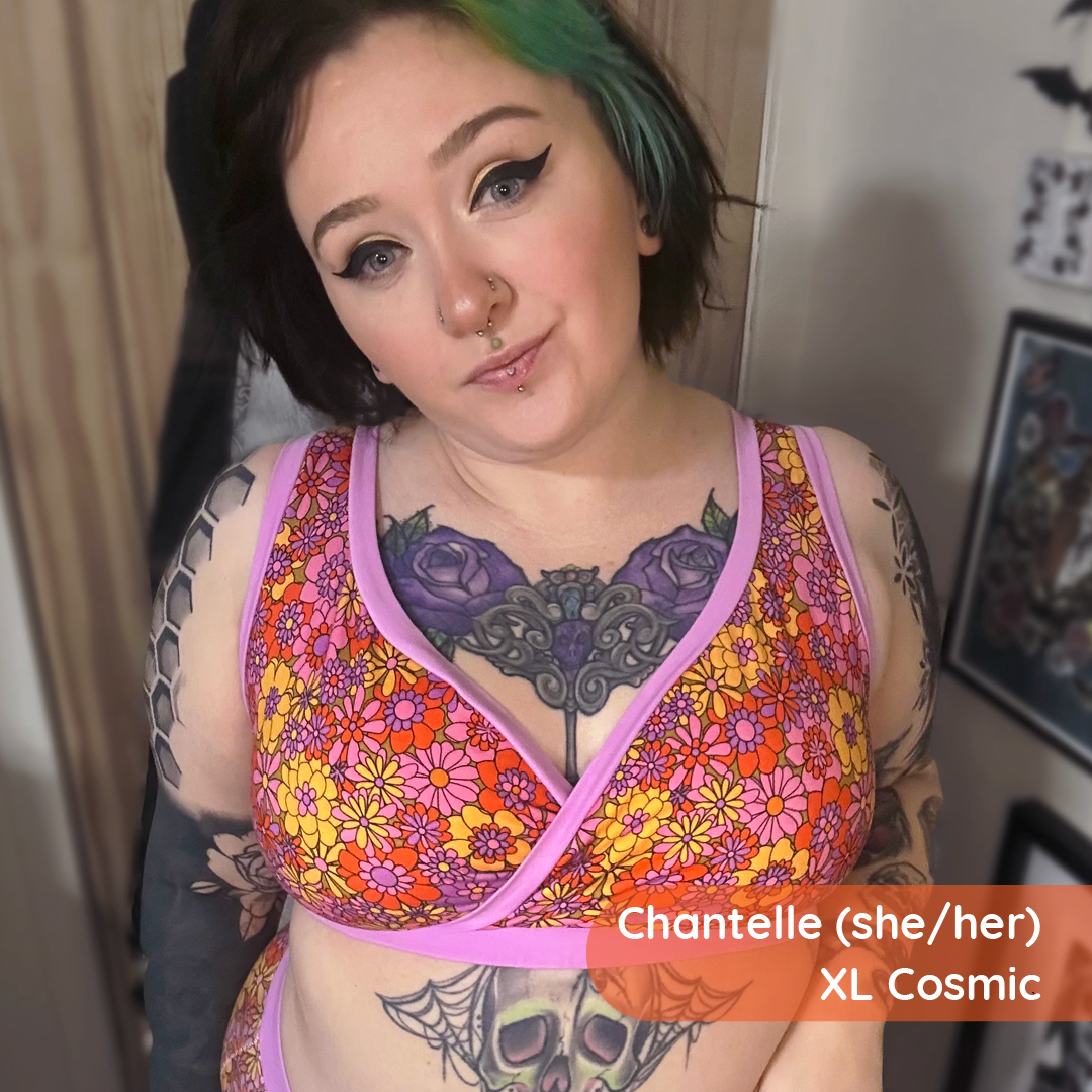Chantelle is at home and wearing a crossover style bra and briefs in Flora print.
