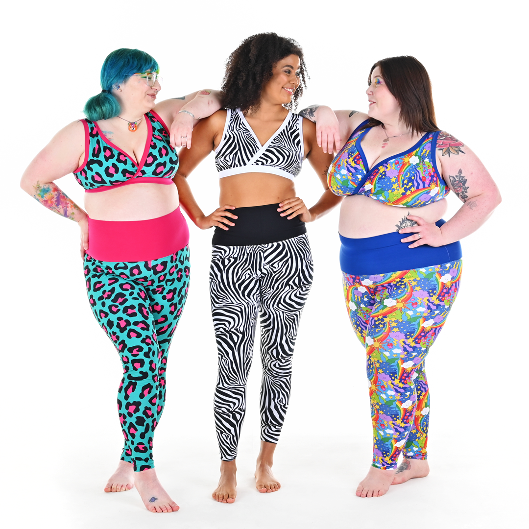 Autumn, Tinashe and Molly are all wearing different colourful Molke cotton leggings 