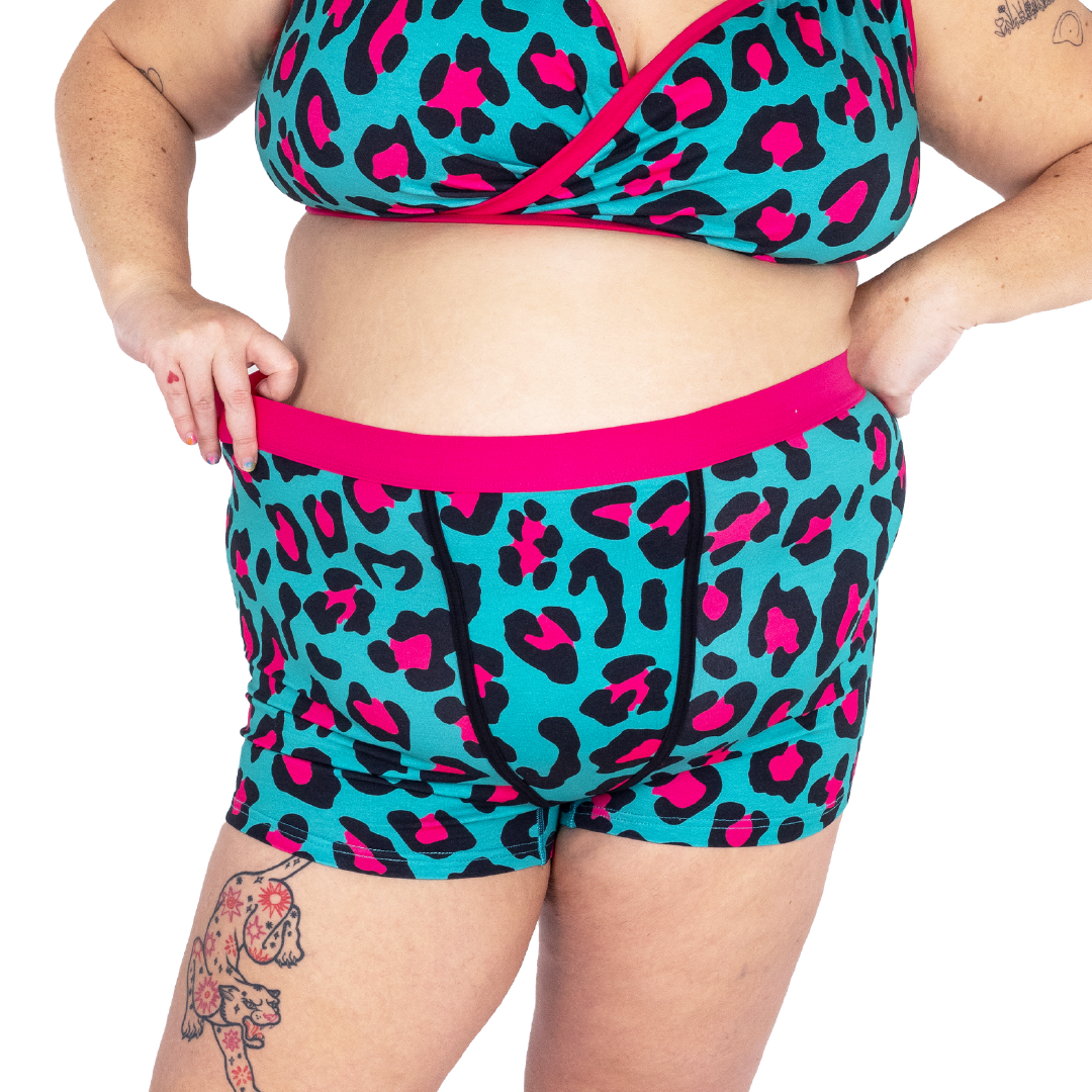 Crop of Sofaya wearing hot leopard boxer briefs and matching bra