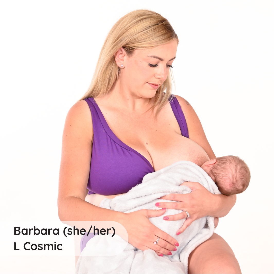 Barbara is breastfeeding in a non wired colourful bra