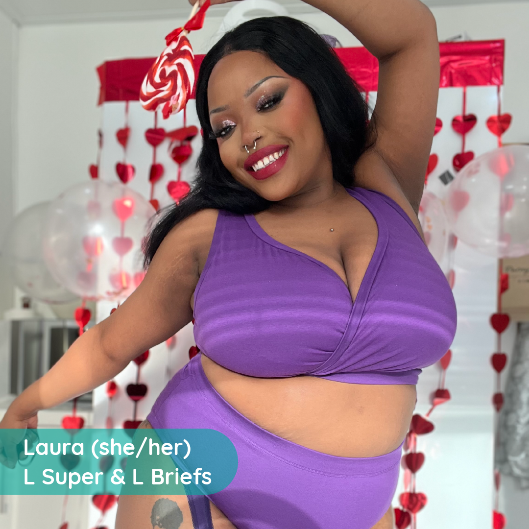 Laura is wearing a purple underwear set