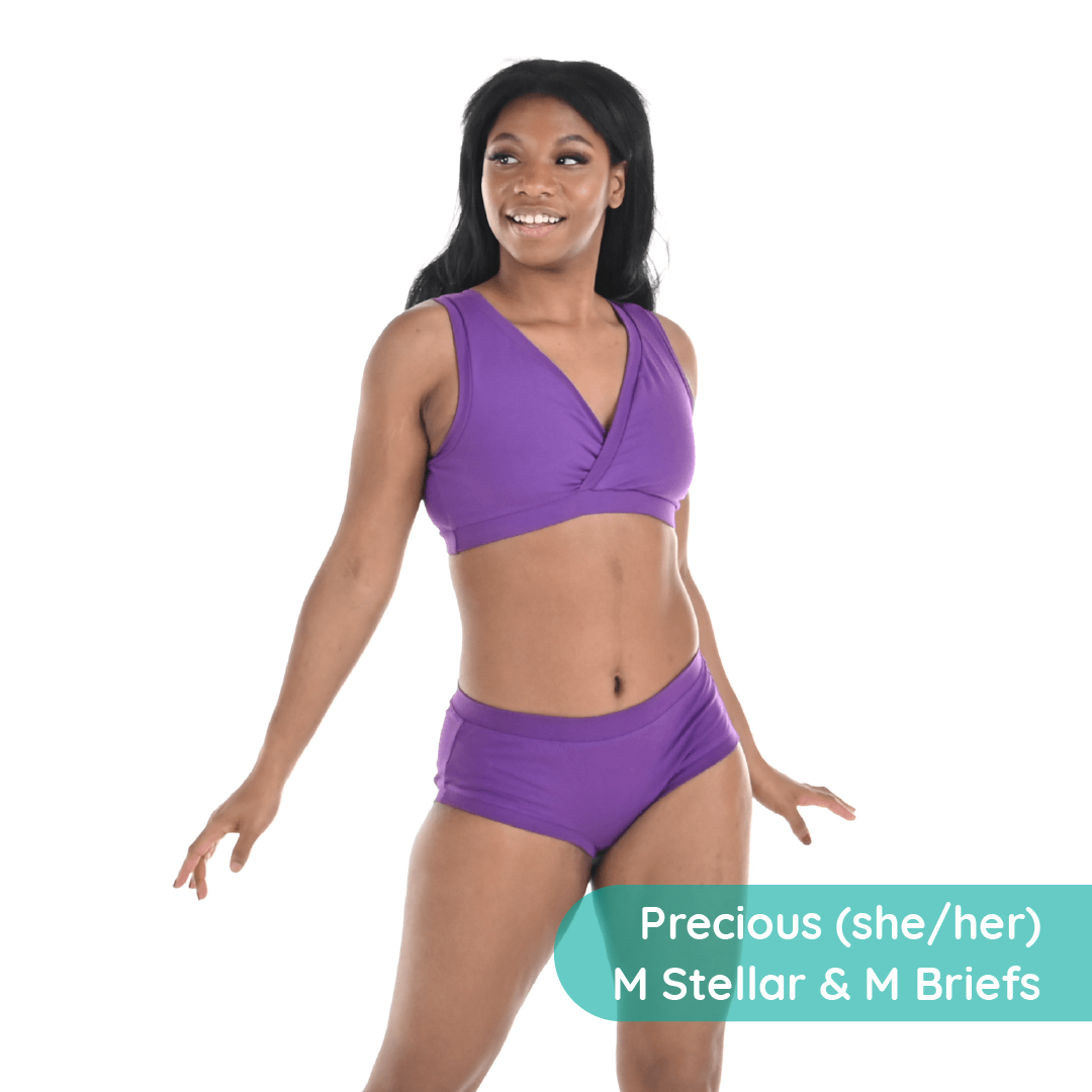 Precious is wearing an Iris purple non wired cotton underwear set