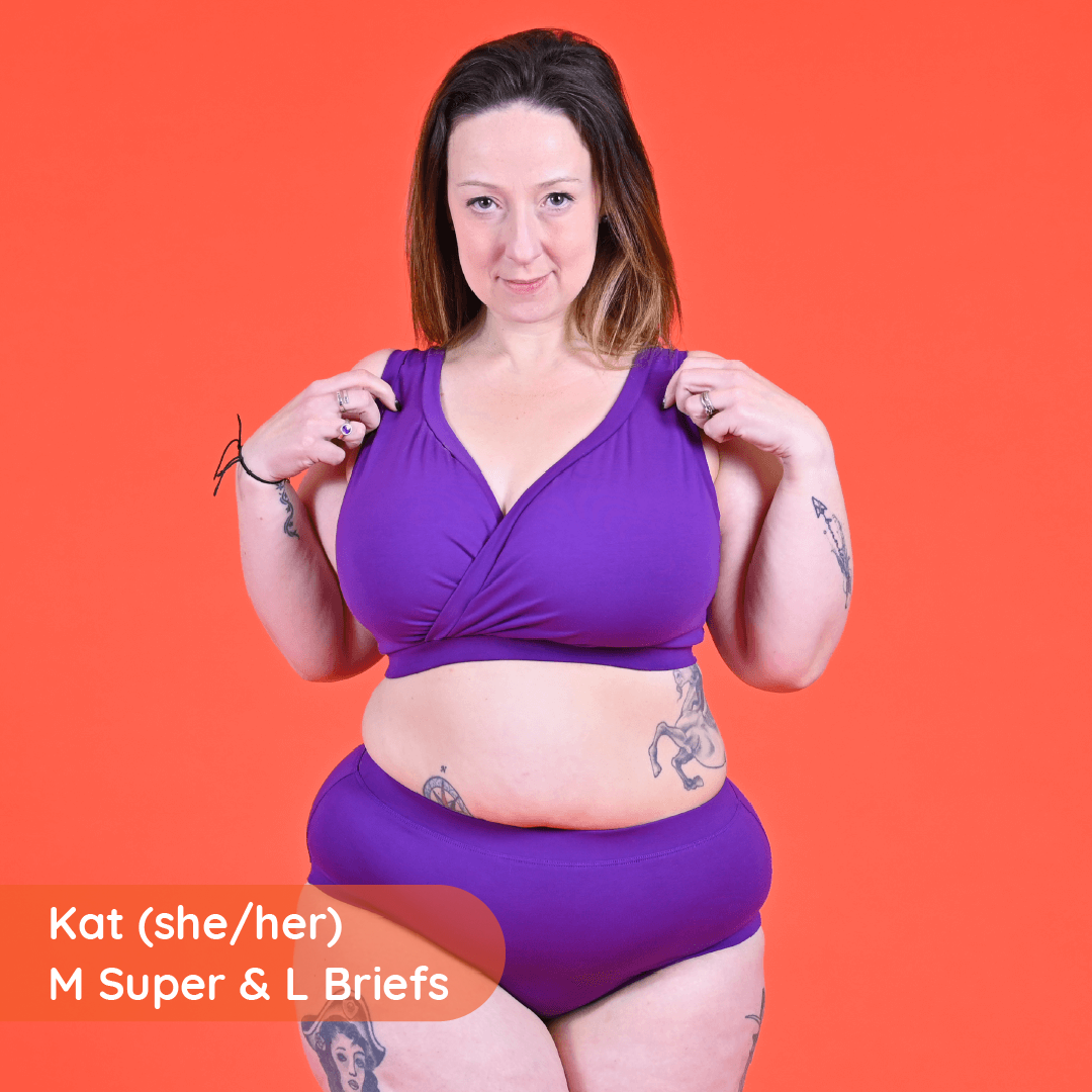 Kat is wearing a purple non wired cotton underwear set