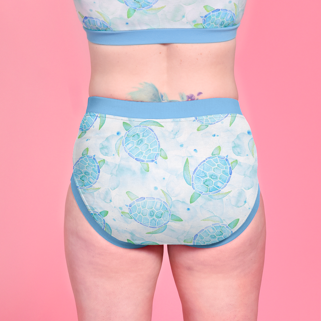 Back view and close crop of Jenni wearing Turtle high rise briefs