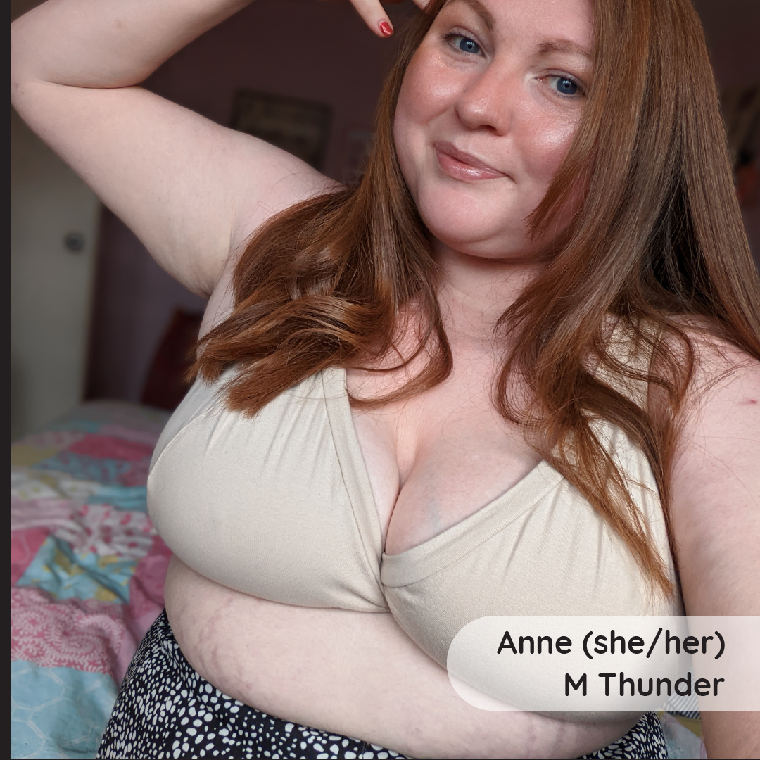 Anne is wearing a white skin tone nude bra