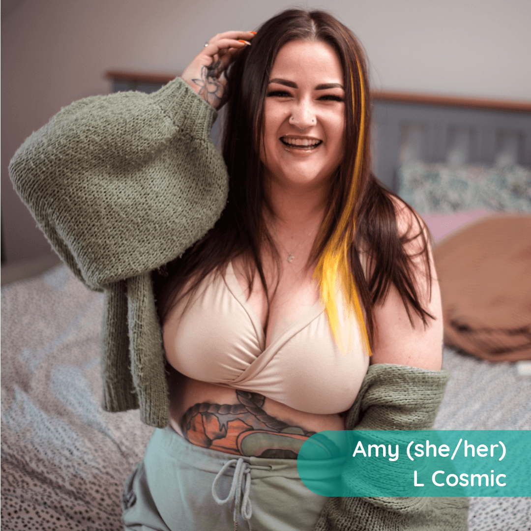 Amy is wearing a Nude skin tone bra with a cardigan and joggers