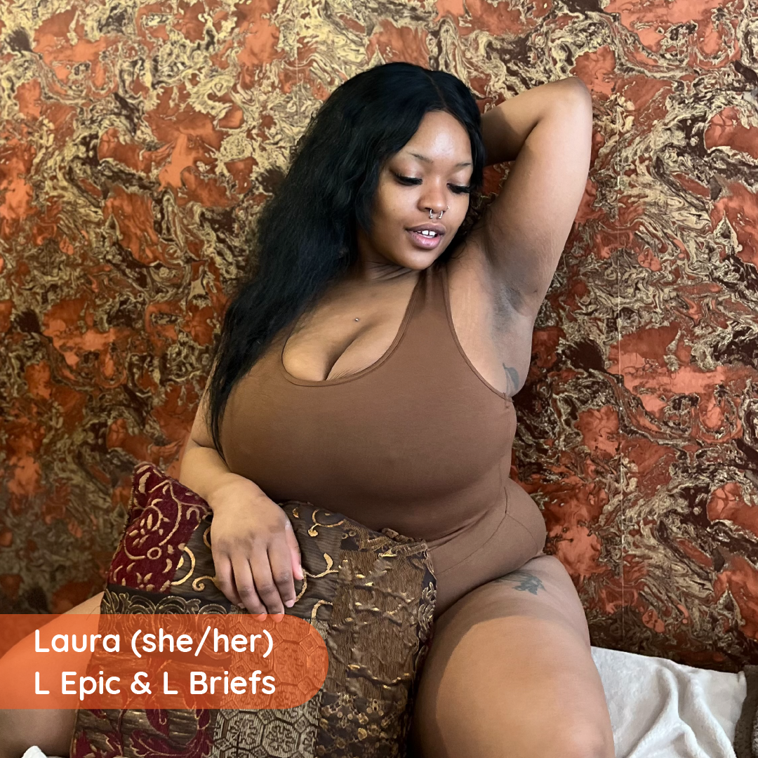 Laura is sitting wearing a Nude racerback bralette