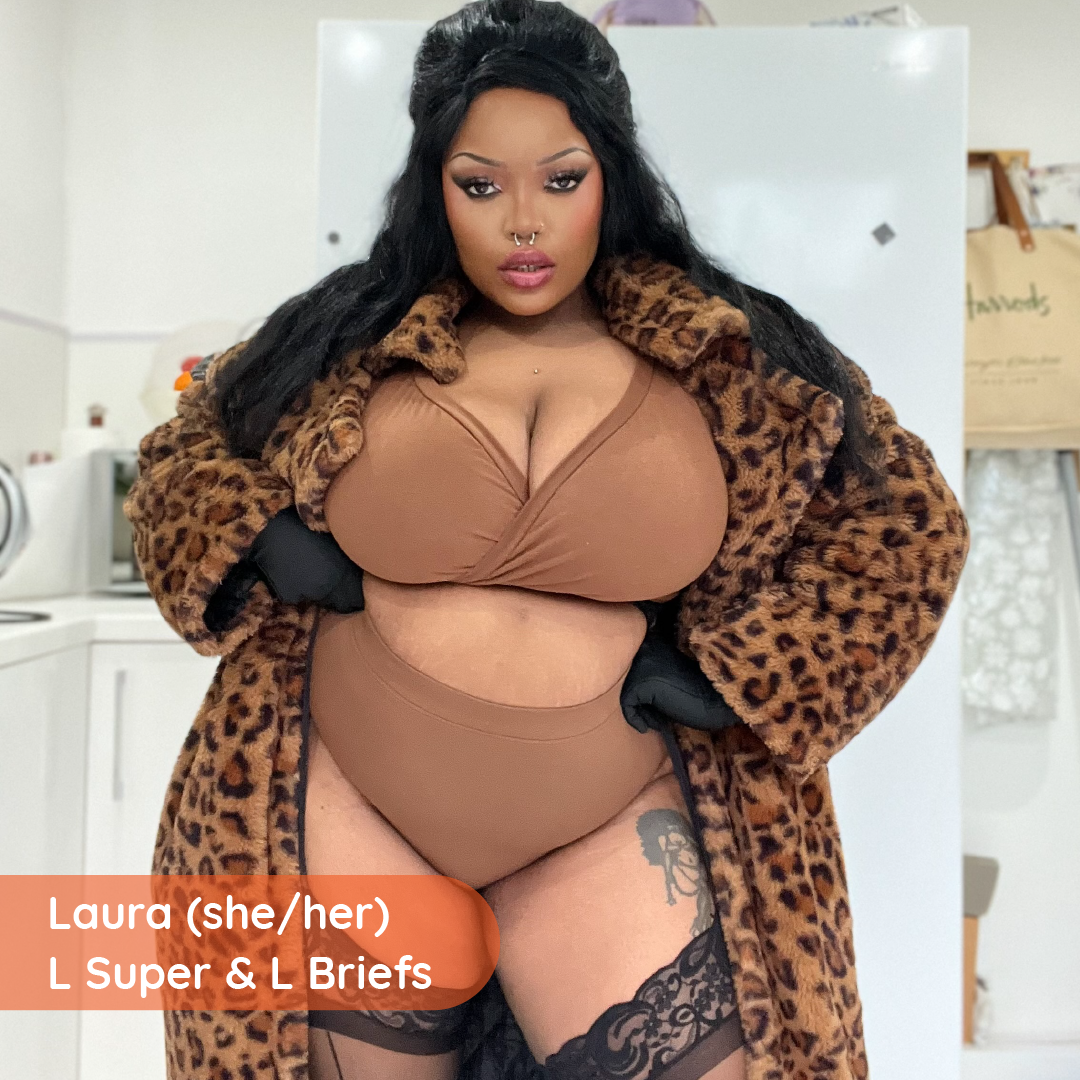 Laura is wearing a nude underwear set with a faux fur leopard print coat and stockings