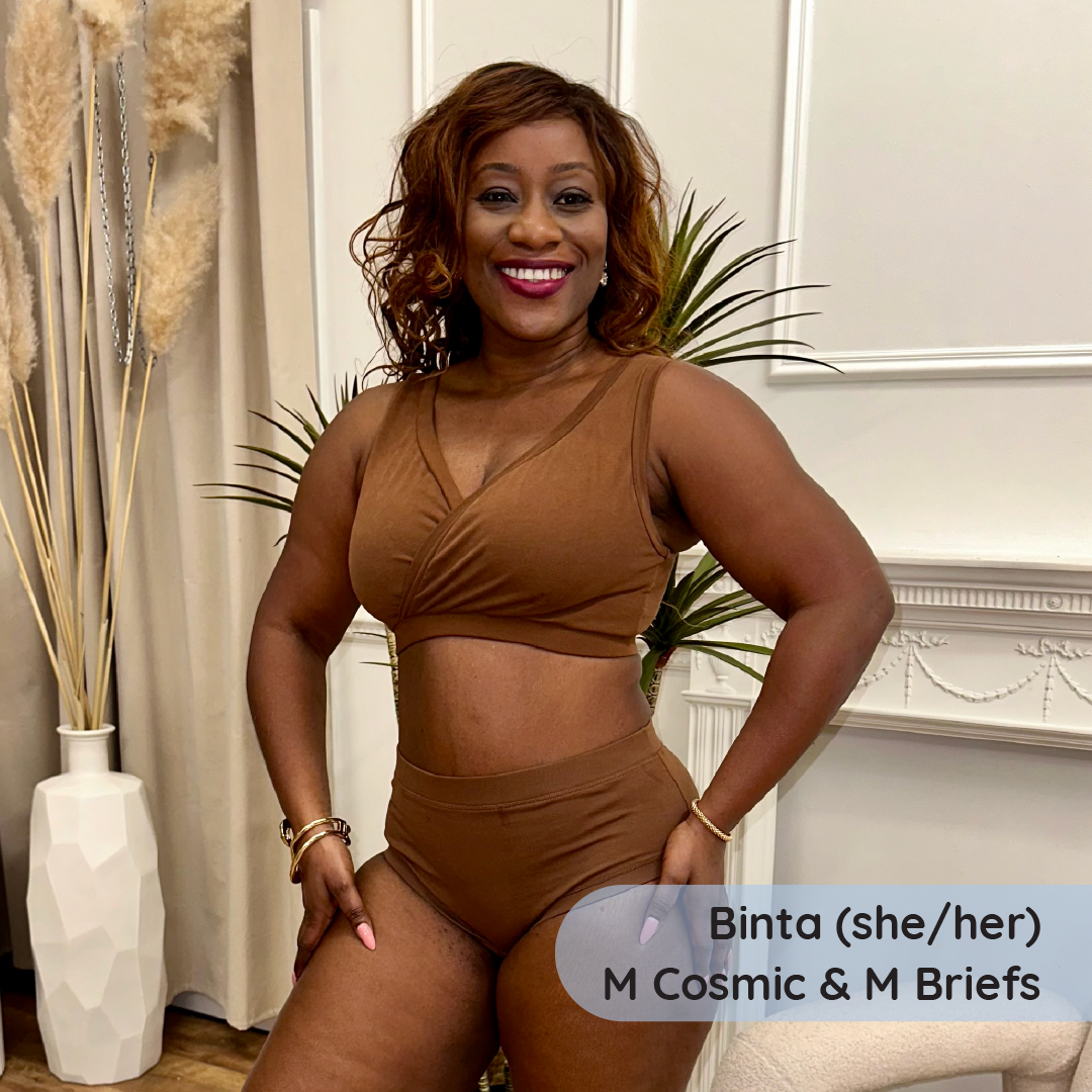 Binta is wearing a nude skin tone non wired bra