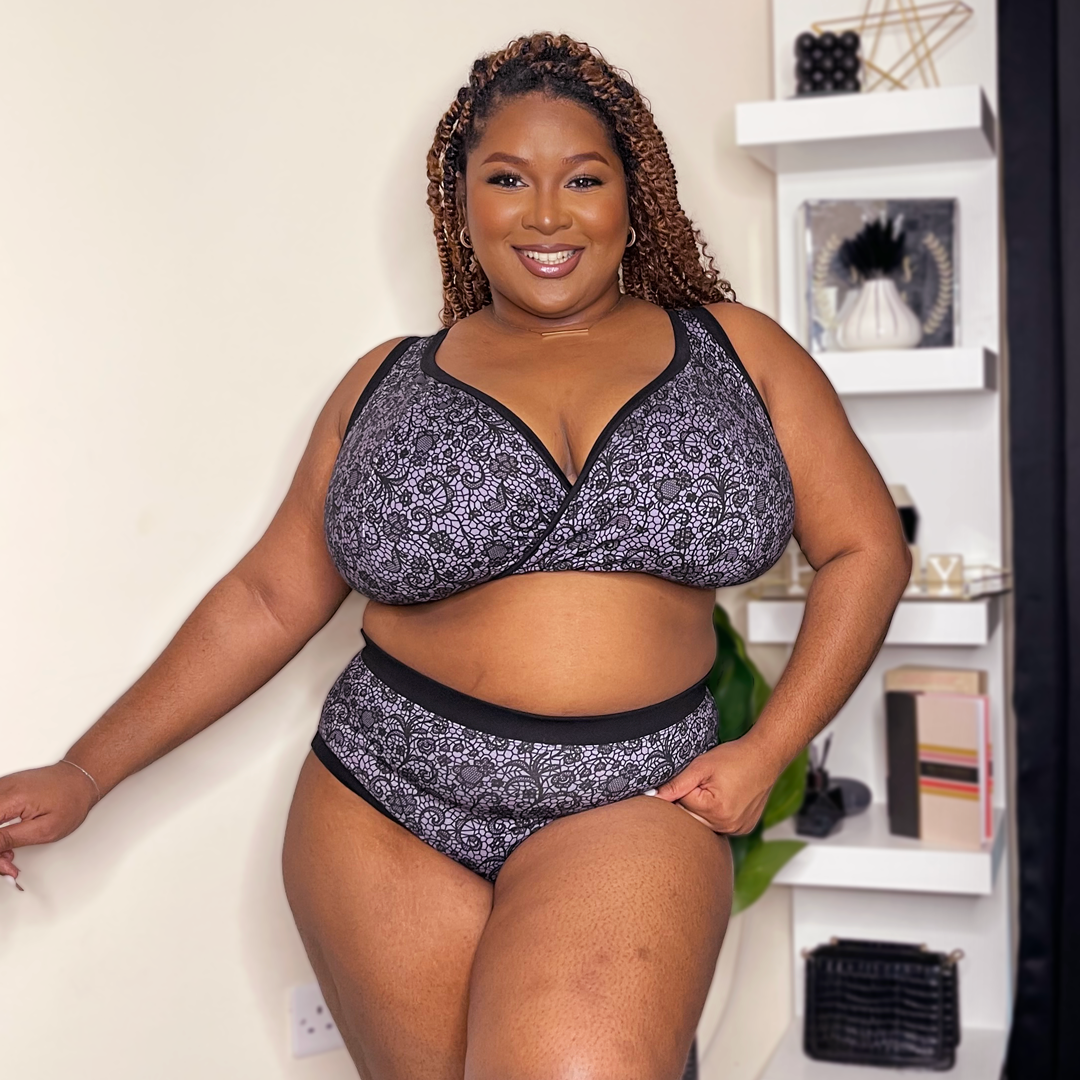 Tanesa is wearing fuller bust wire free bra and high rise cotton briefs