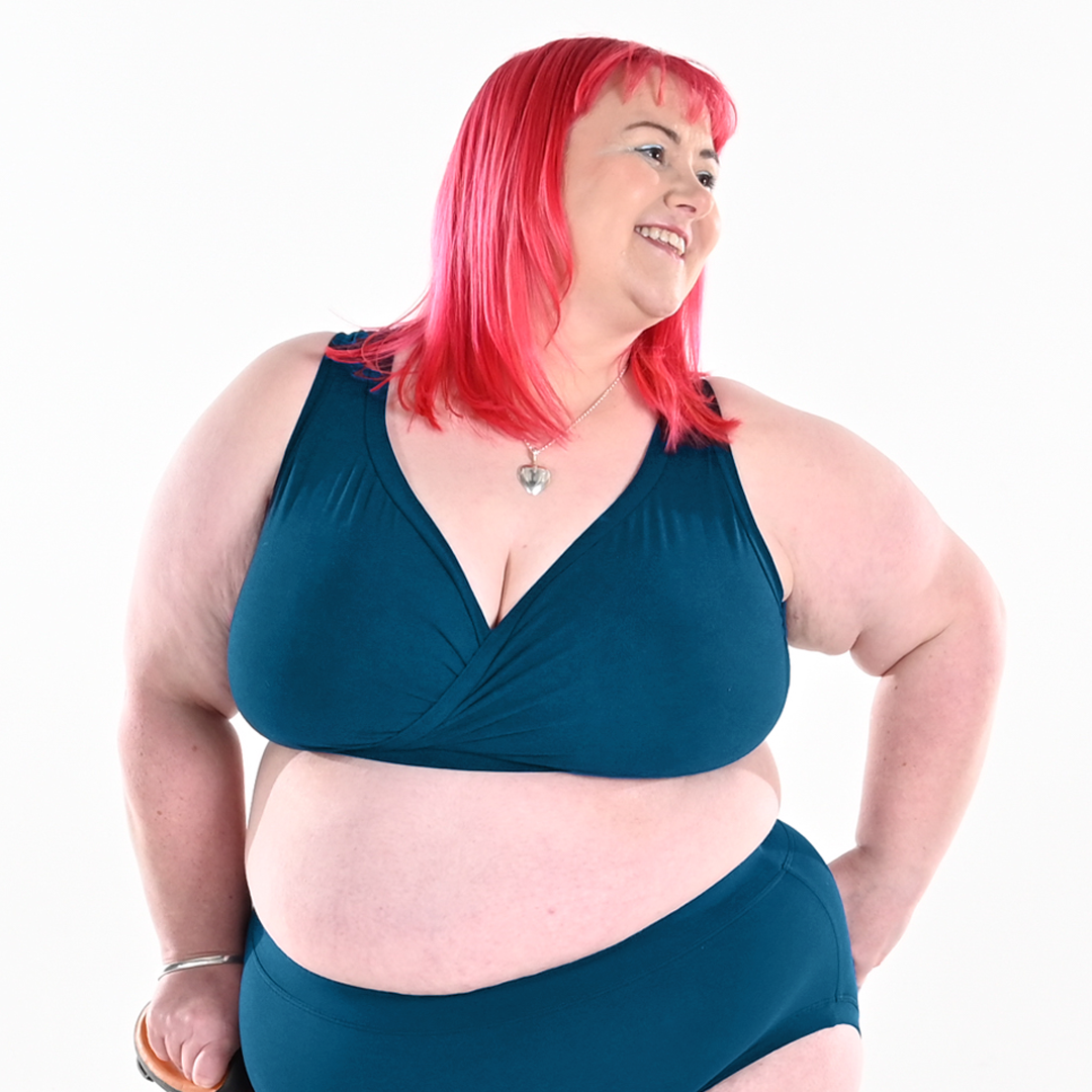 Rhona is wearing a Petrol blue  non wired bra and high rise cotton briefs