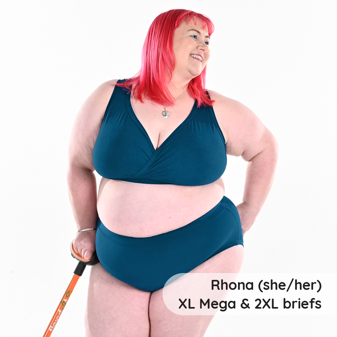 Rhona is wearing a petrol blue cotton underwear set