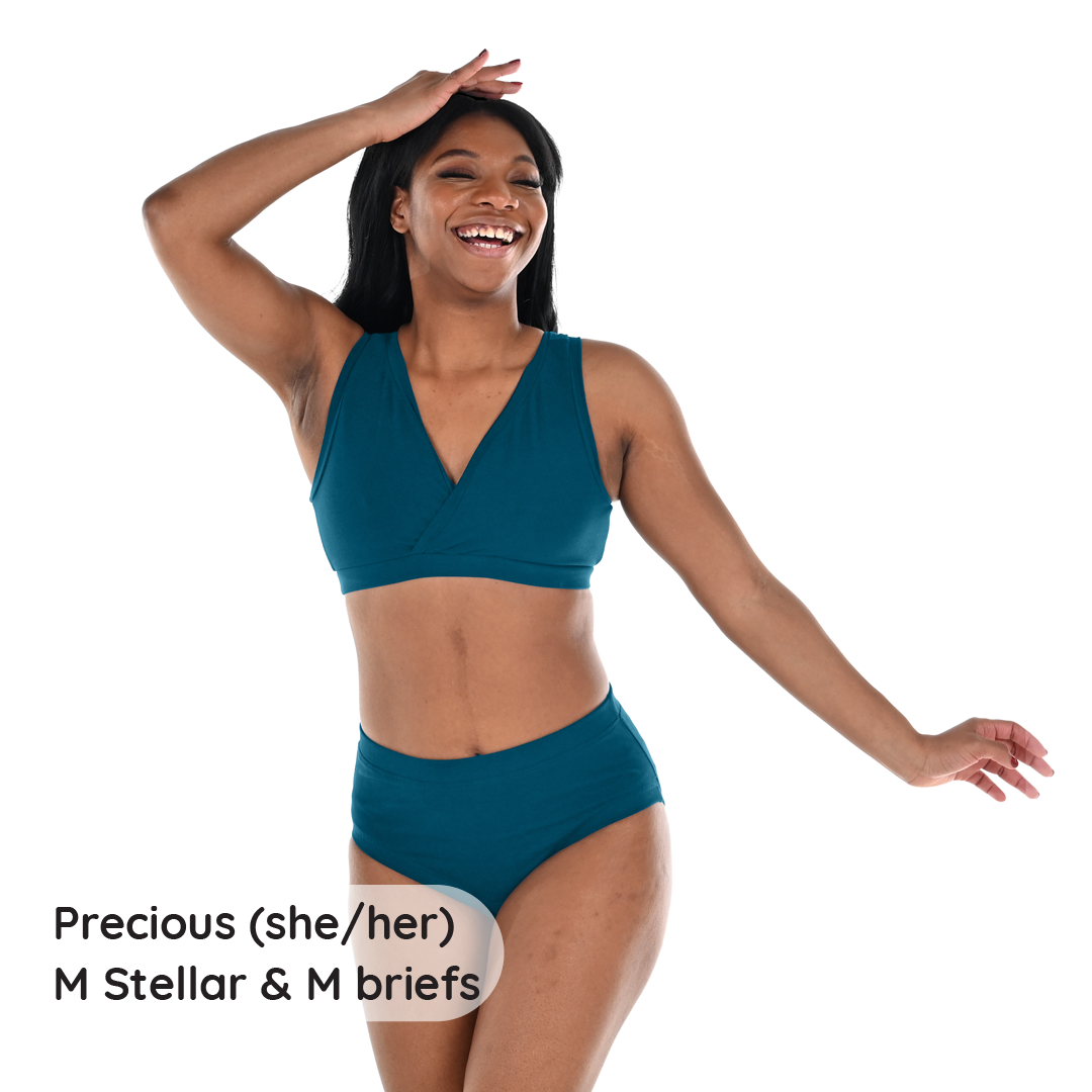 Precious is wearing a Petrol Blue non-wired cotton bra and briefs