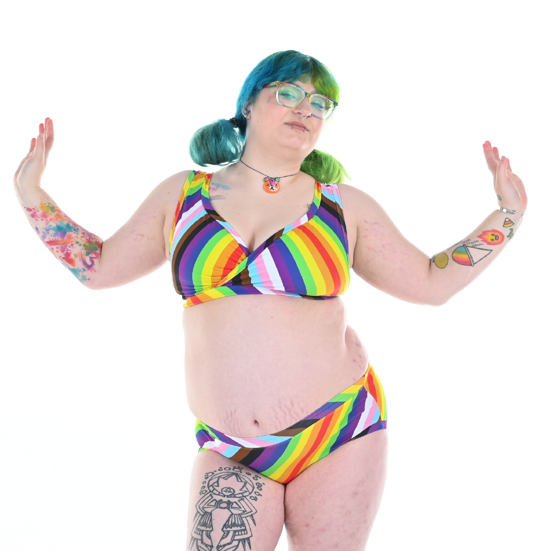 Autumn is wearing a Pride underwear set