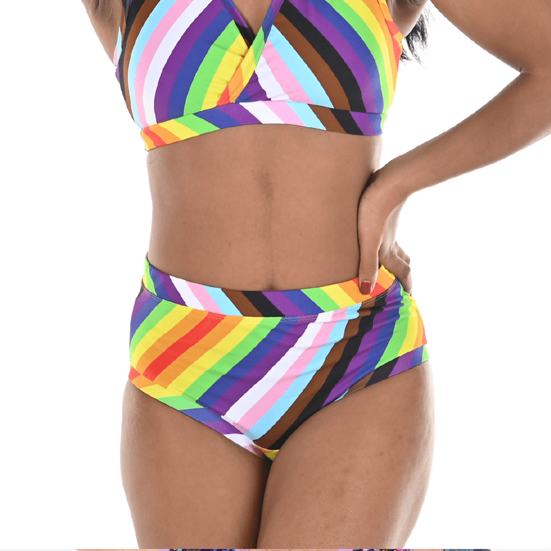 Close crop of Precious wearing pride flag underwear