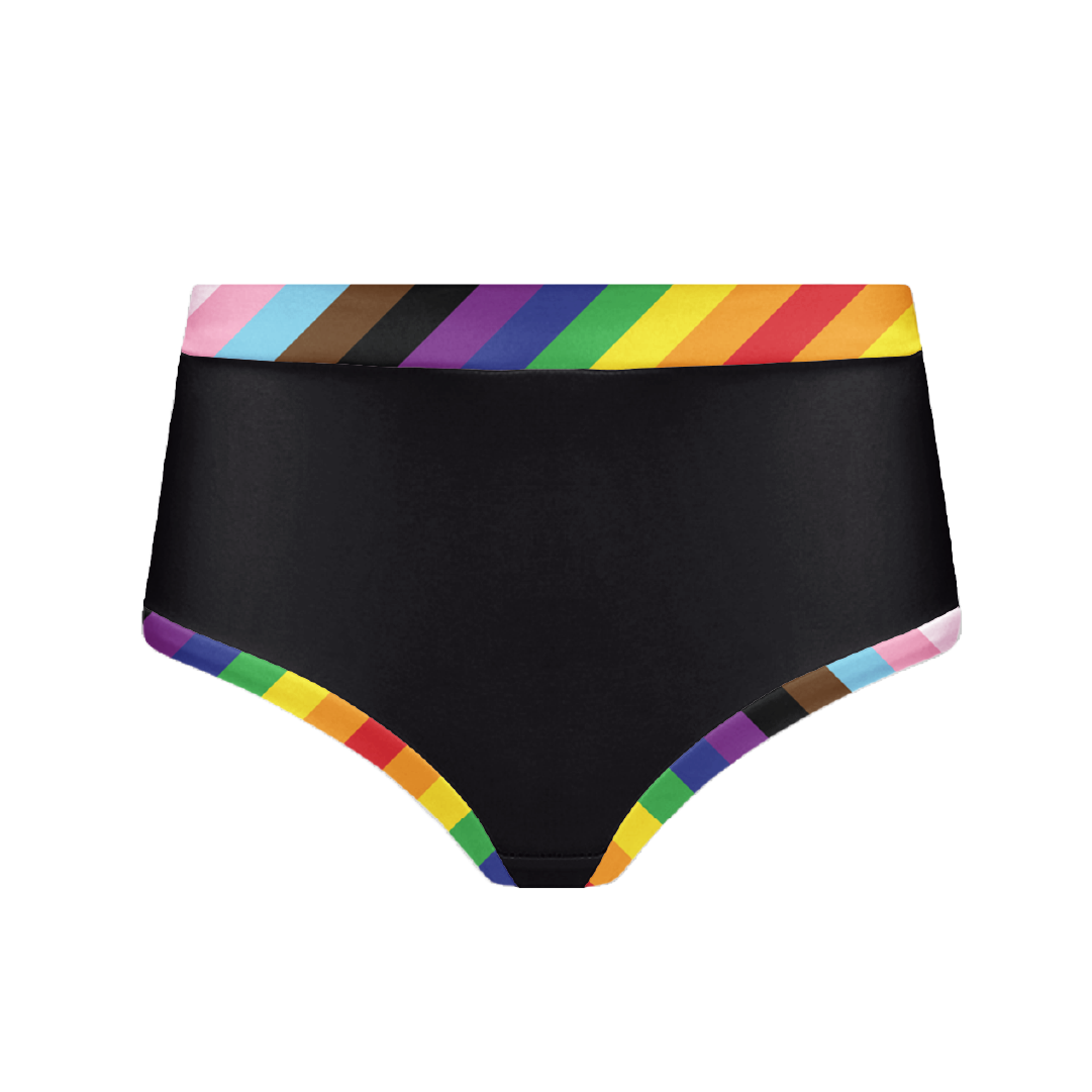 Ghost mannequin of a black briefs with progress pride trim and band