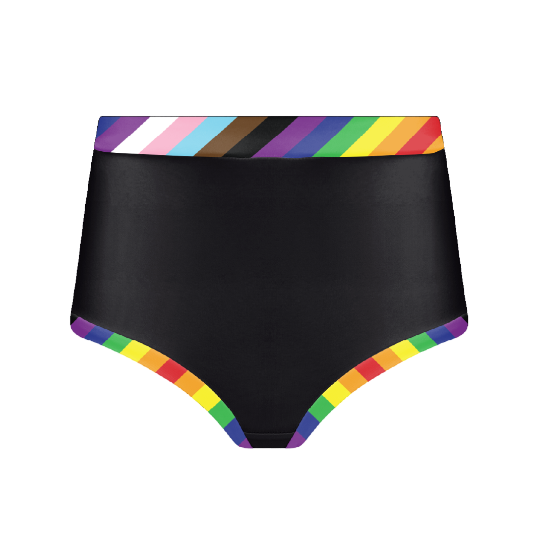 Ghost mannequin of a black high rise briefs with progress pride trim and band