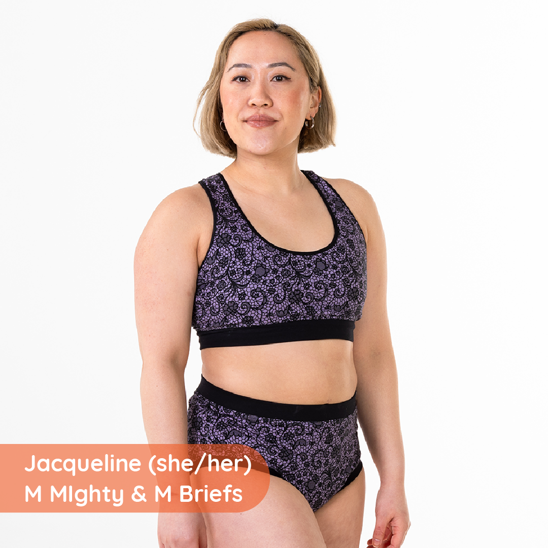 Jacqueline is wearing a bralette and briefs in stormy lace design