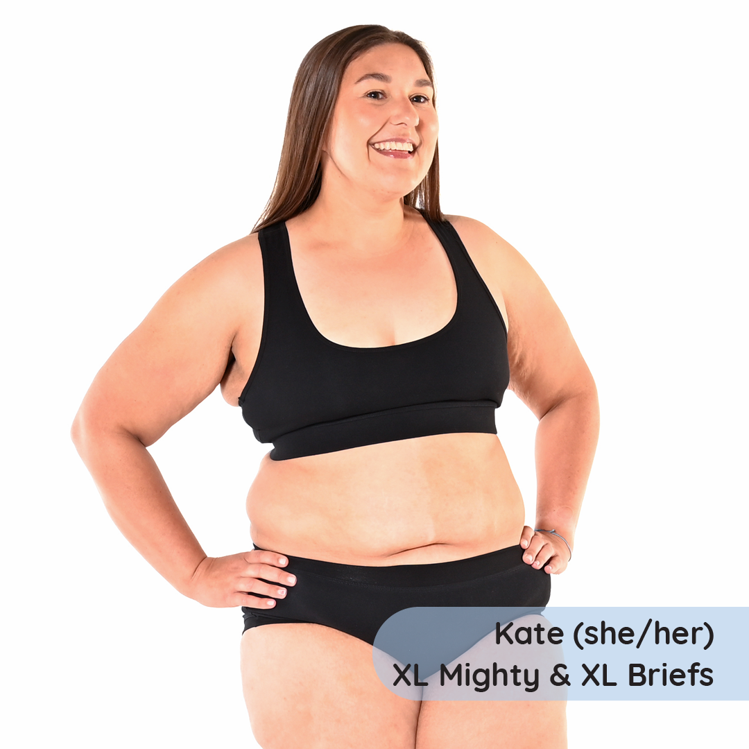 Kate is wearing a cotton bralette and briefs in black