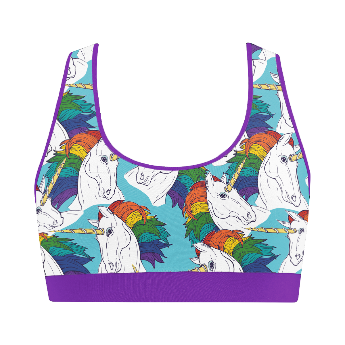 Illustration of a Rainbow Unicorn bralette with purple trim