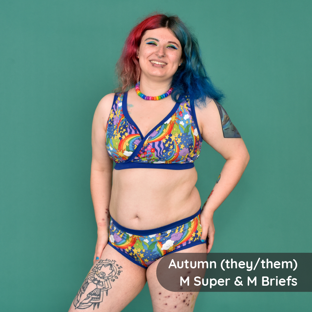 Autumn is wearing a colourful Retro Rainbow underwear set