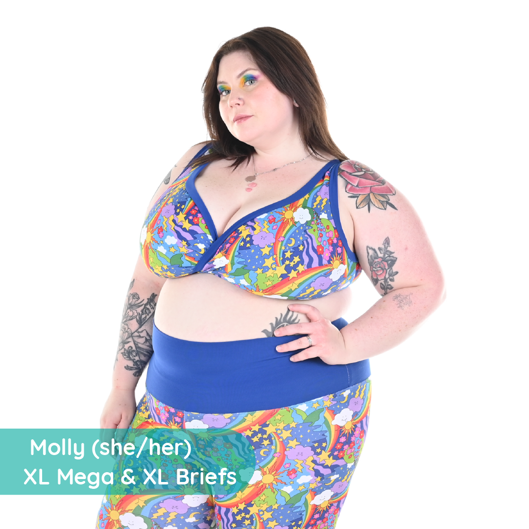 Molly is wearing a retro rainbows bra and leggings