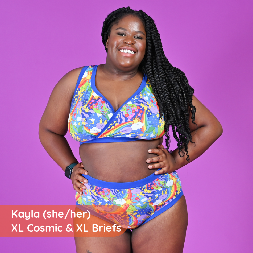 Kayla is wearing a bright colourful underwear set