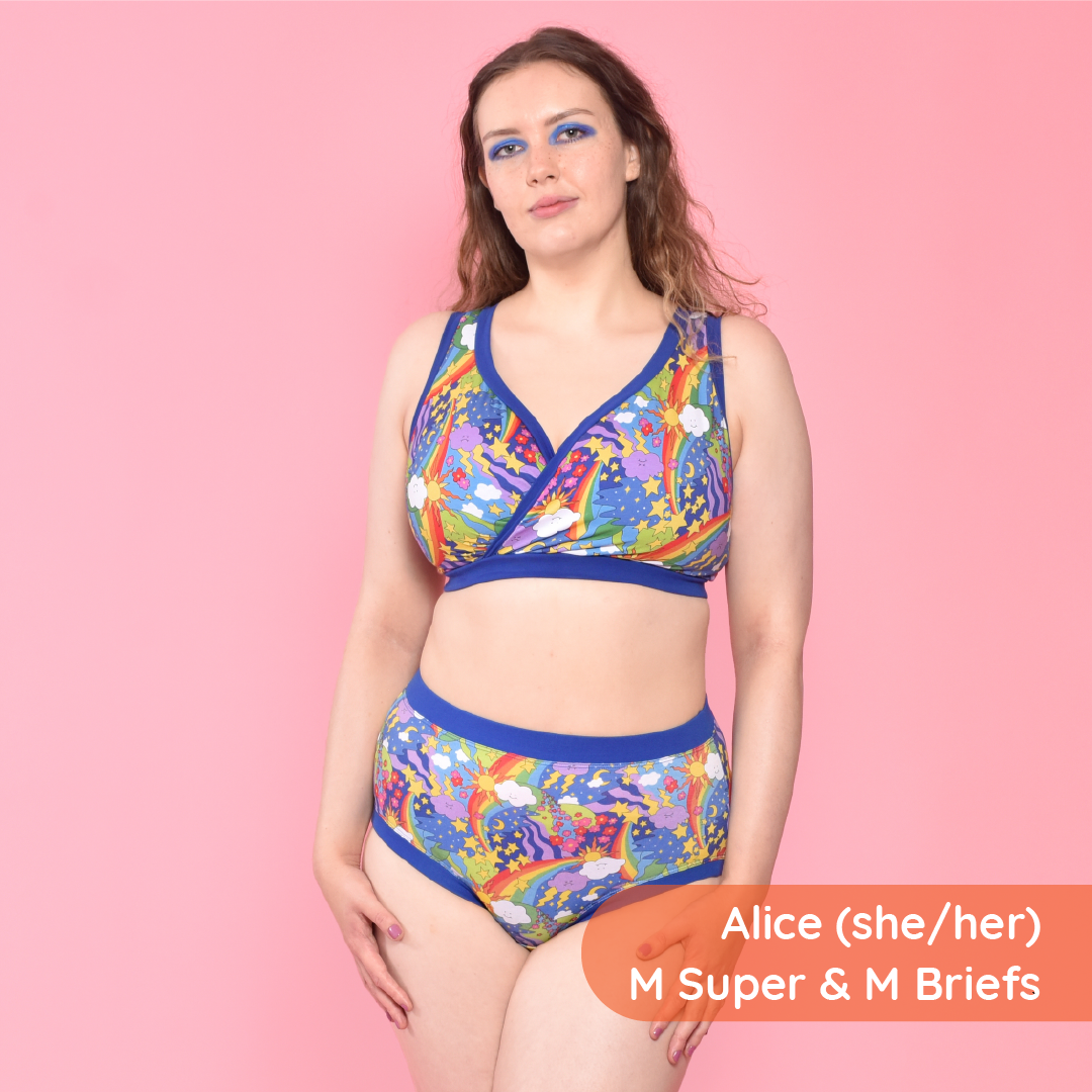 Alice is wearing a retro rainbows non wired bra and high rise briefs