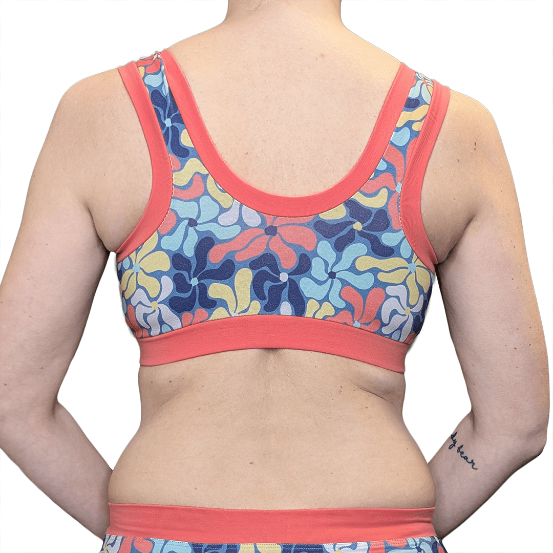 Back view of pull on non-wired bra in Wavy Flowers