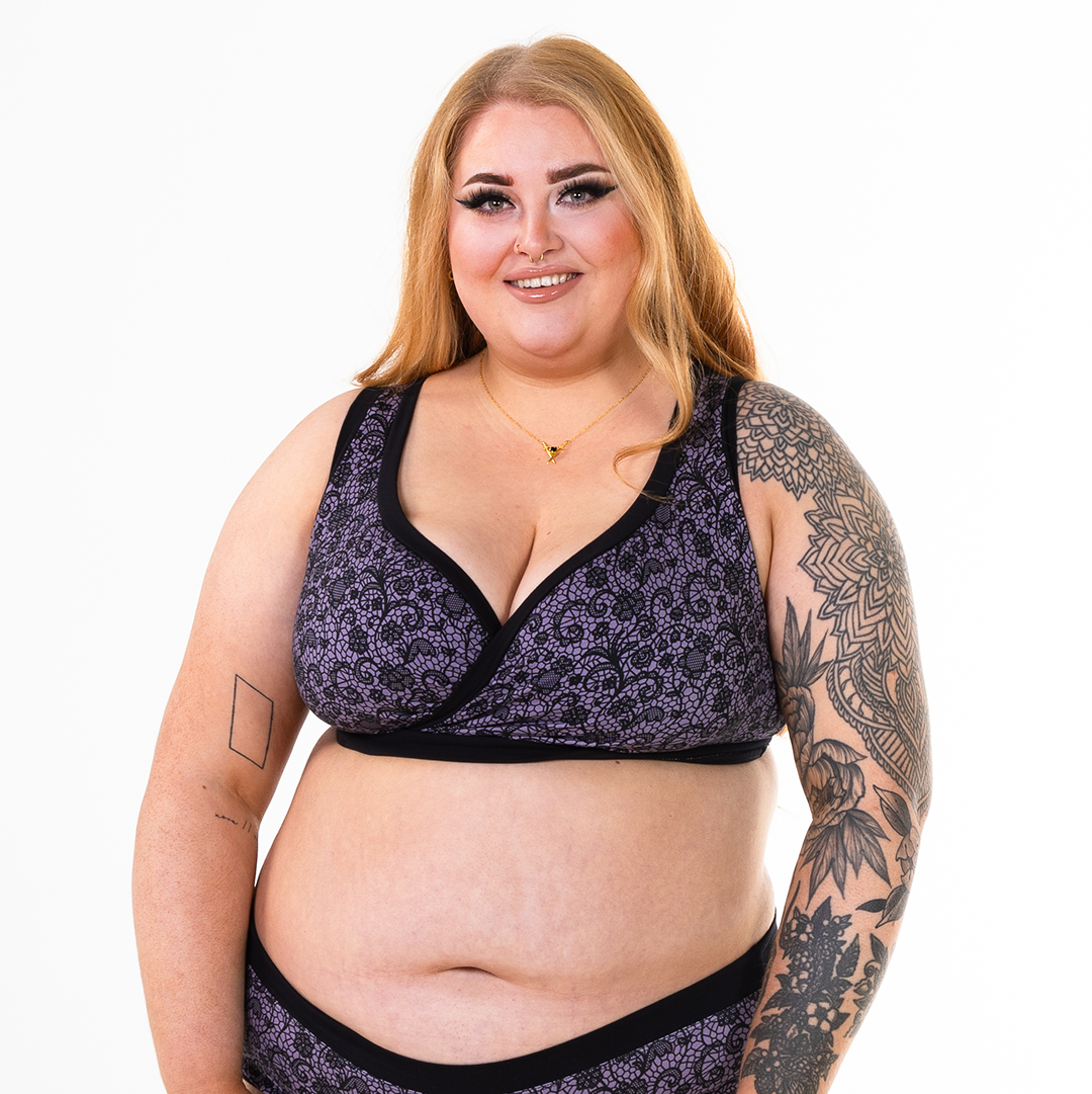 Bex is wearing a non wired fuller bust bra in Stormy Lace