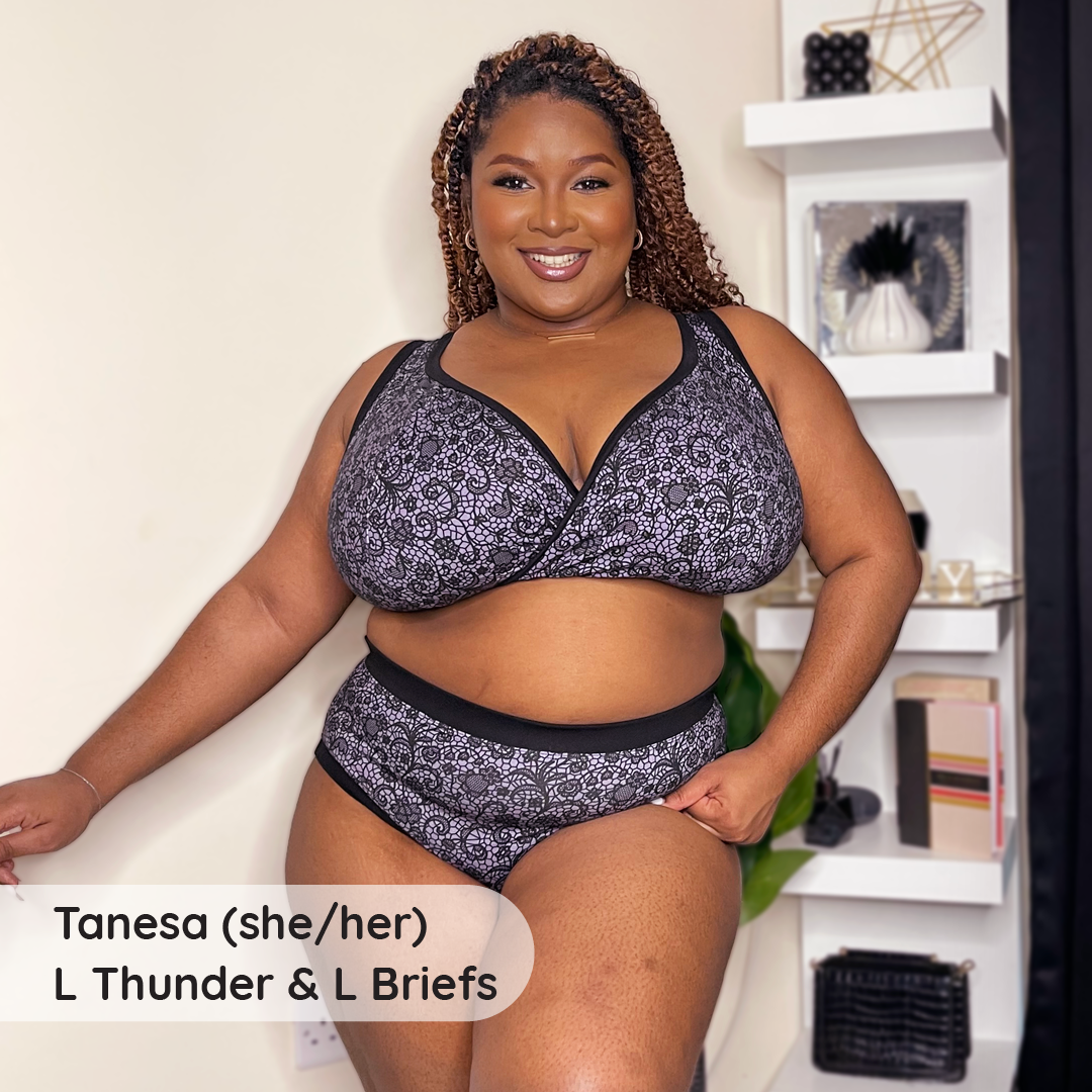 Tanesa is wearing a fuller bust cotton non wired bra and briefs