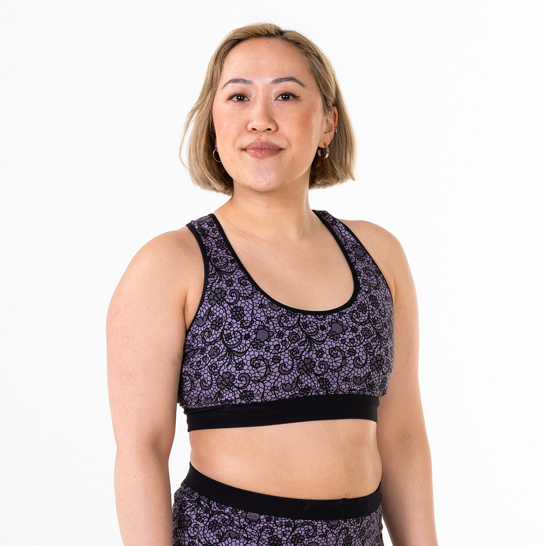 Jacqueline is wearing a stormy lace bralette