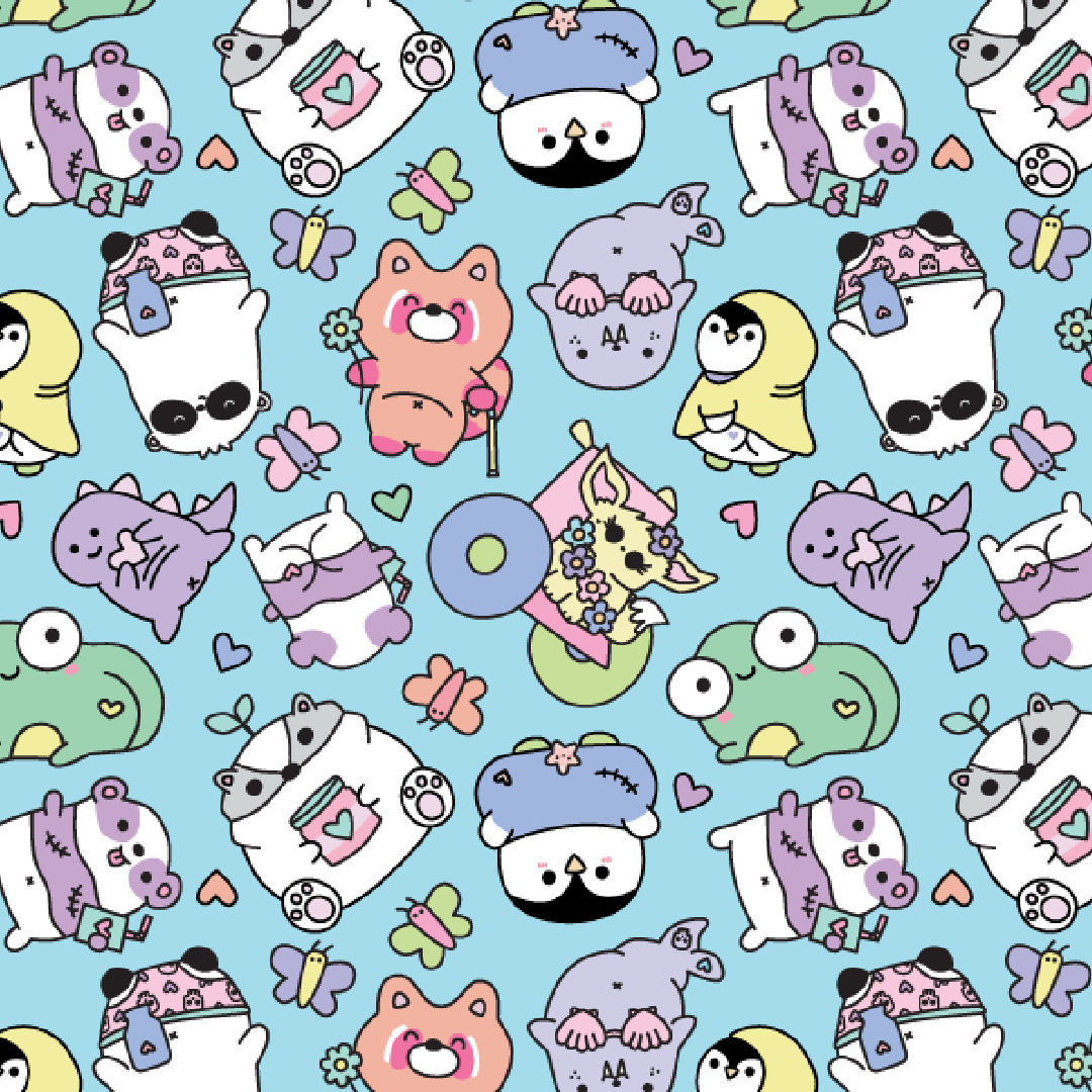 Scattered cute illustrations of animals like pandas, penguins, frogs and narwhals in pastel colours. They are all naked or in underwear and have diverse bodies - scars, medical devices or mobility aids.