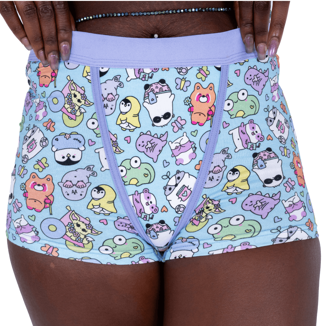 Close up of Yolande wearing Sugar and Sloth boxer briefs