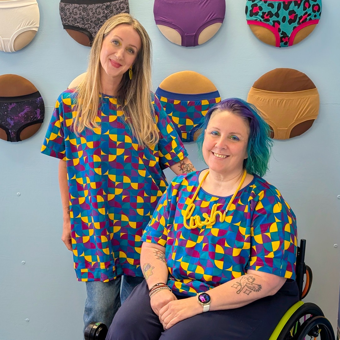 Ros wearing an Eclipse Tunic and Kirsty wearing an Eclipse Boxy Tee next to each other.